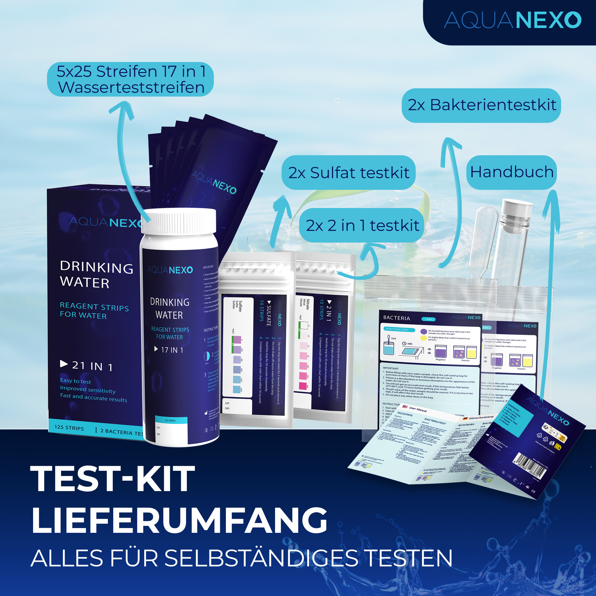 125 Wassertester Trinkwasser Teststreifen 17-in-1 + 2 Bakterientests + 10 Trinkwasser Teststreifen Nitrat/Nitrit + 10 Trinkwasserteststreifen Sulfate 125 Wassertester Trinkwasser Teststreifen 17-in-1 + 2 Bakterientests + 10 Trinkwasser Teststreifen Nitrat/Nitrit + 10 Trinkwasserteststreifen Sulfate