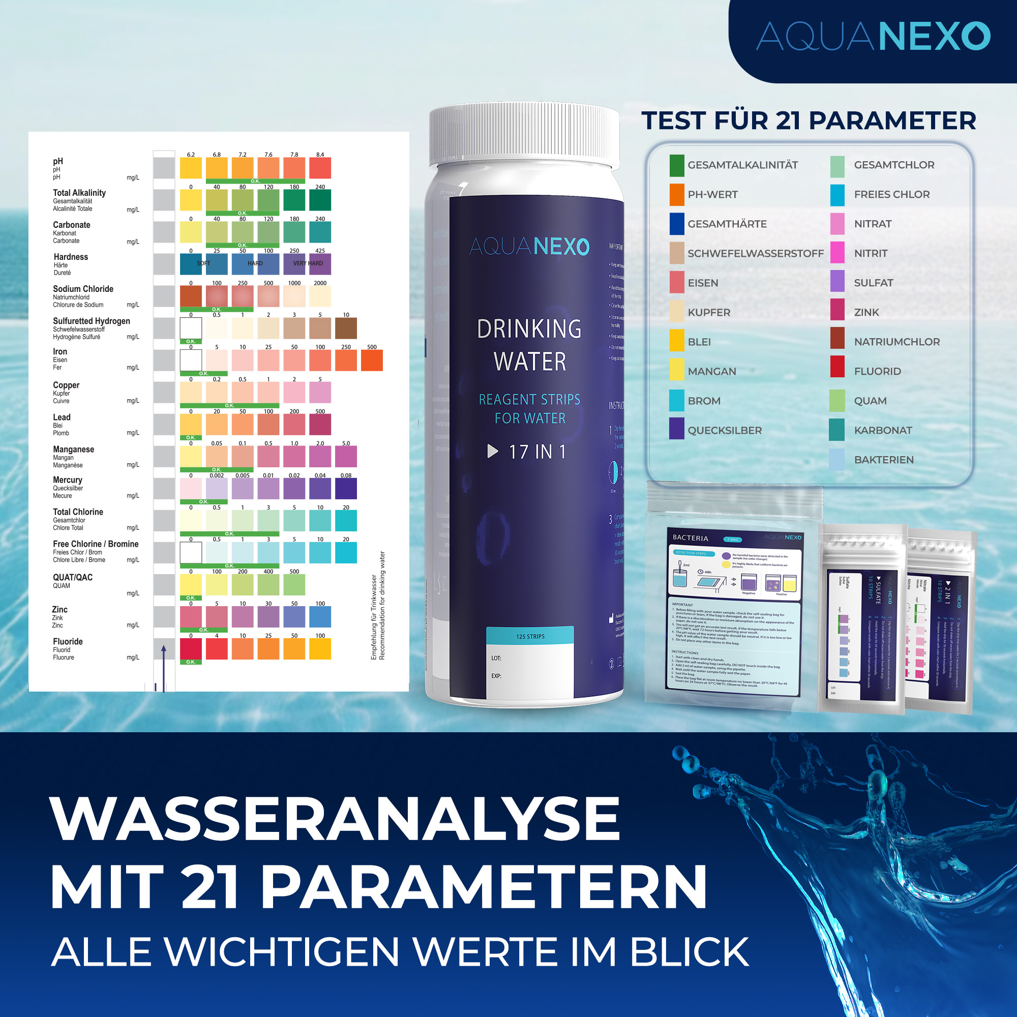 125 Wassertester Trinkwasser Teststreifen 17-in-1 + 2 Bakterientests + 10 Trinkwasser Teststreifen Nitrat/Nitrit + 10 Trinkwasserteststreifen Sulfate 125 Wassertester Trinkwasser Teststreifen 17-in-1 + 2 Bakterientests + 10 Trinkwasser Teststreifen Nitrat/Nitrit + 10 Trinkwasserteststreifen Sulfate