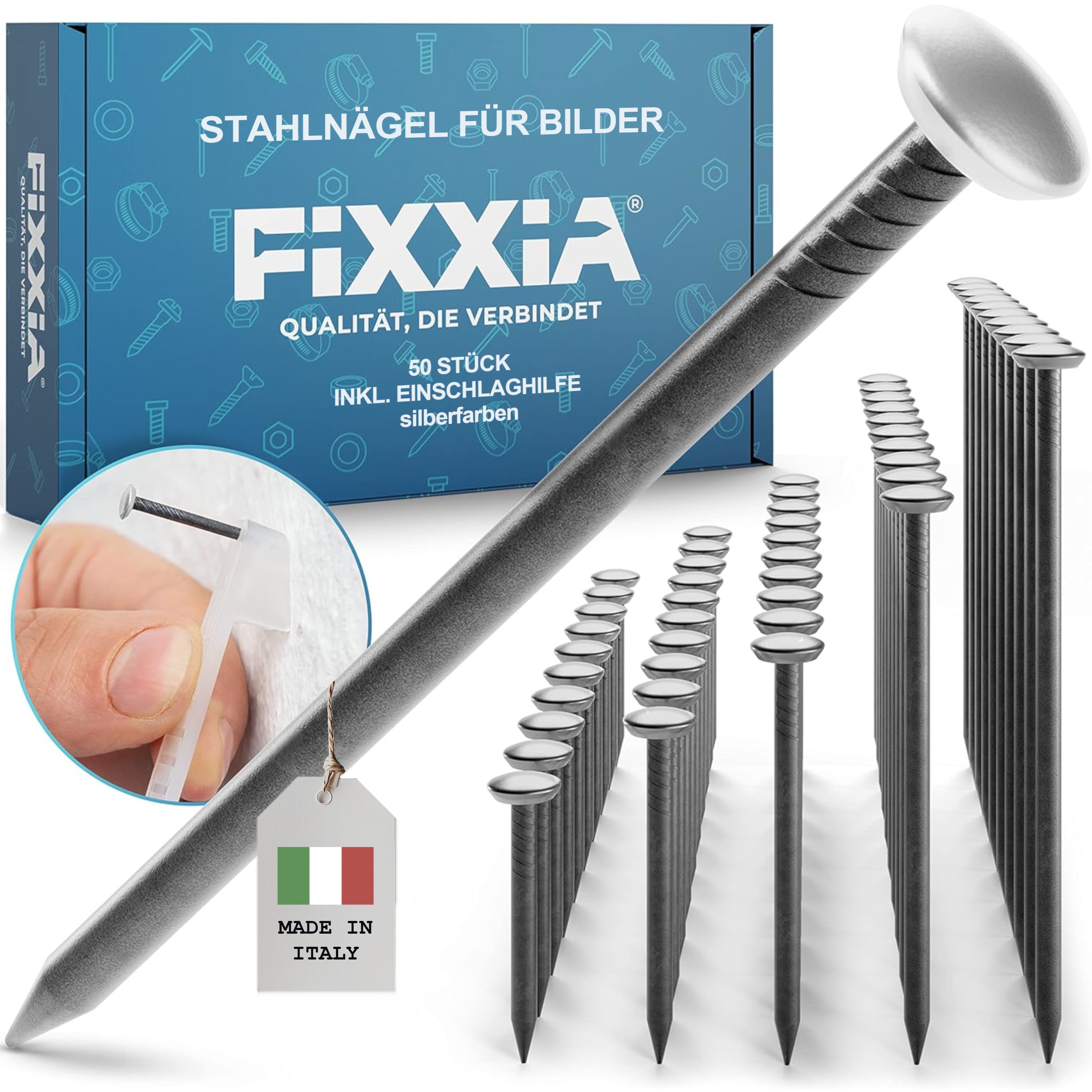 FIXXIA® Stahlnägel mit Halter - [50er Set, 10x in 20/25/30/40/50 mm] - gehärtete Stahlnägel für Bilder - Bildernägel - mit dekorativem Kopf in Silber - Betonnägel