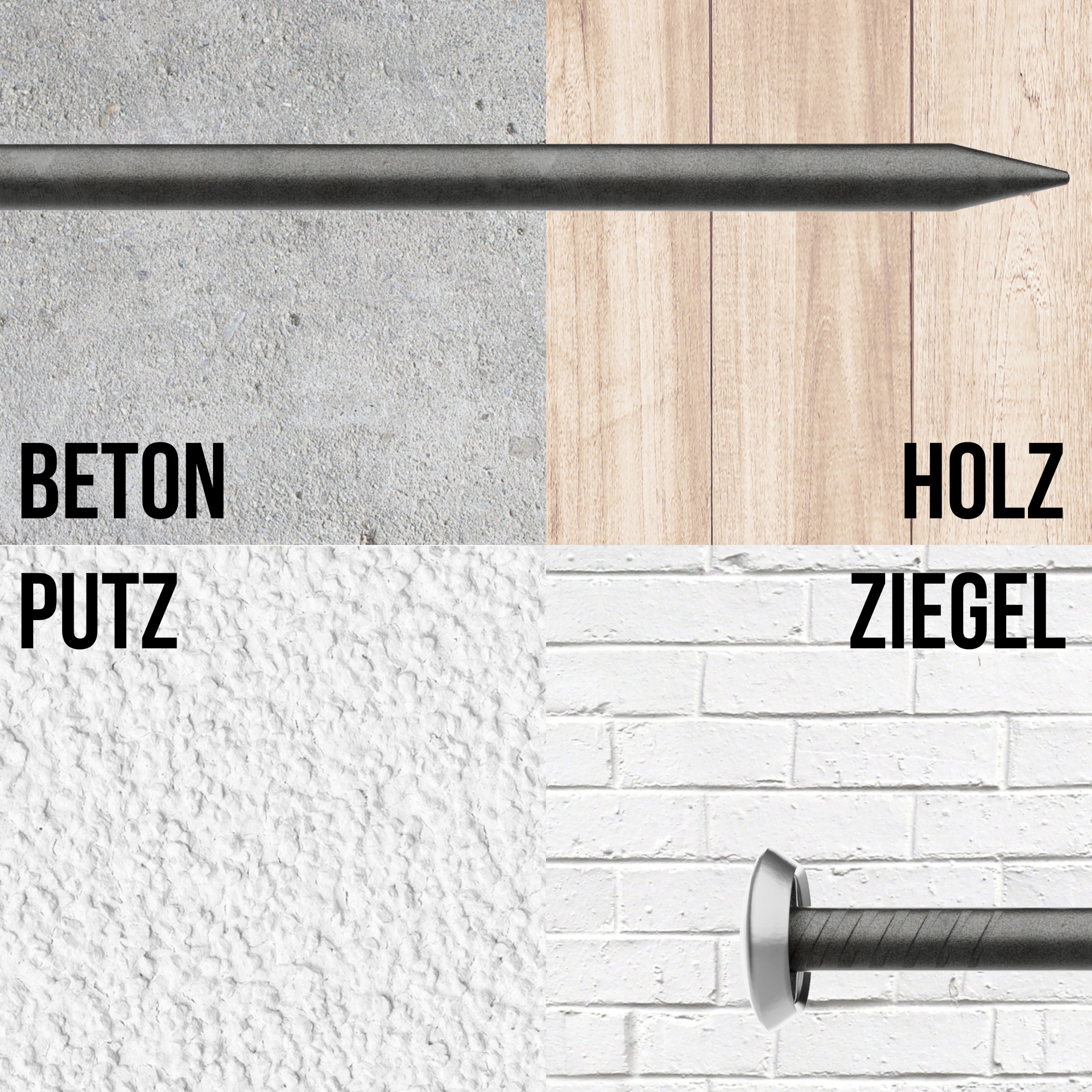 FIXXIA® Stahlnägel mit Halter - [50er Set, 10x in 20/25/30/40/50 mm] - gehärtete Stahlnägel für Bilder - Bildernägel - mit dekorativem Kopf in Silber - Betonnägel
