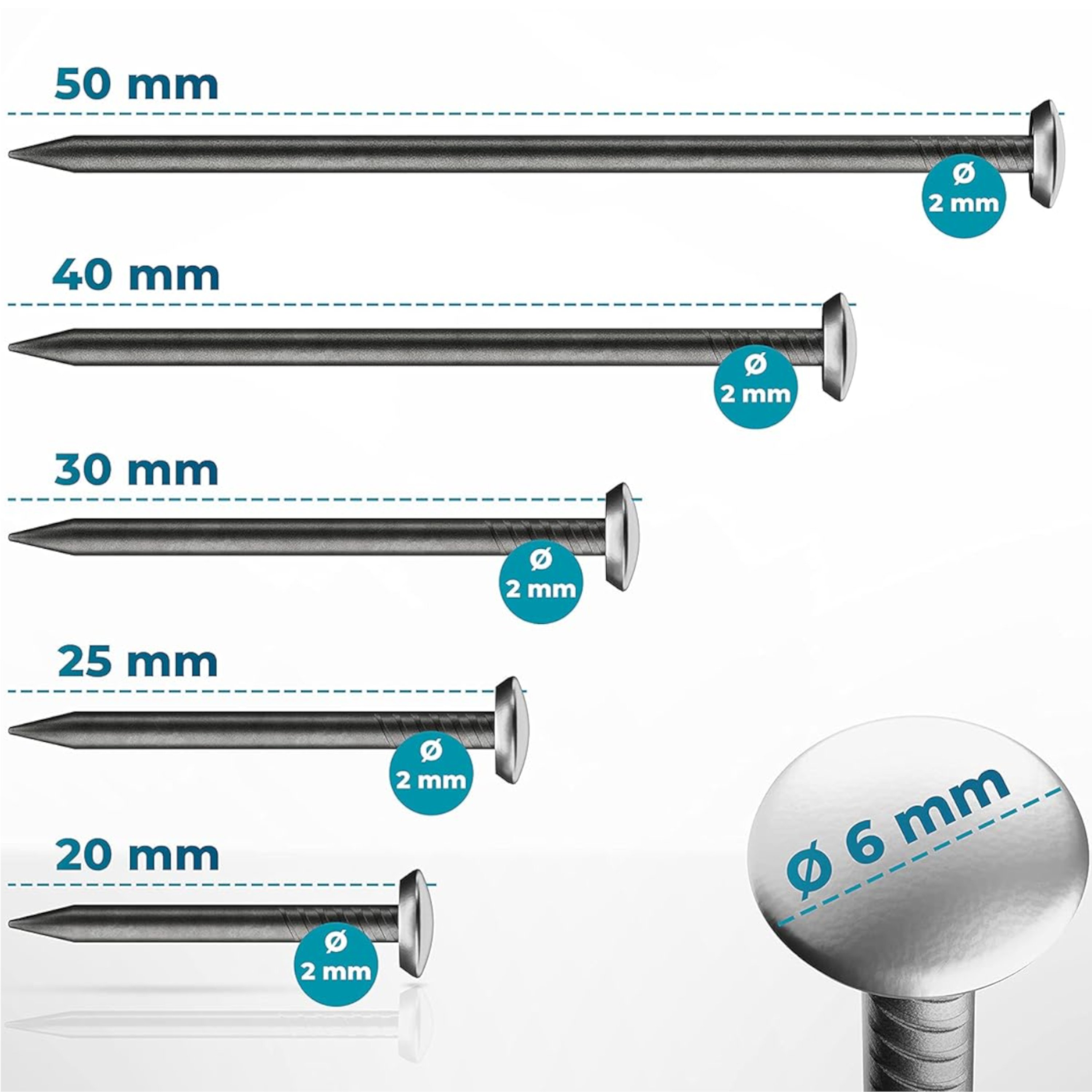 FIXXIA® Stahlnägel mit Halter - [50er Set, 10x in 20/25/30/40/50 mm] - gehärtete Stahlnägel für Bilder - Bildernägel - mit dekorativem Kopf in Silber - Betonnägel