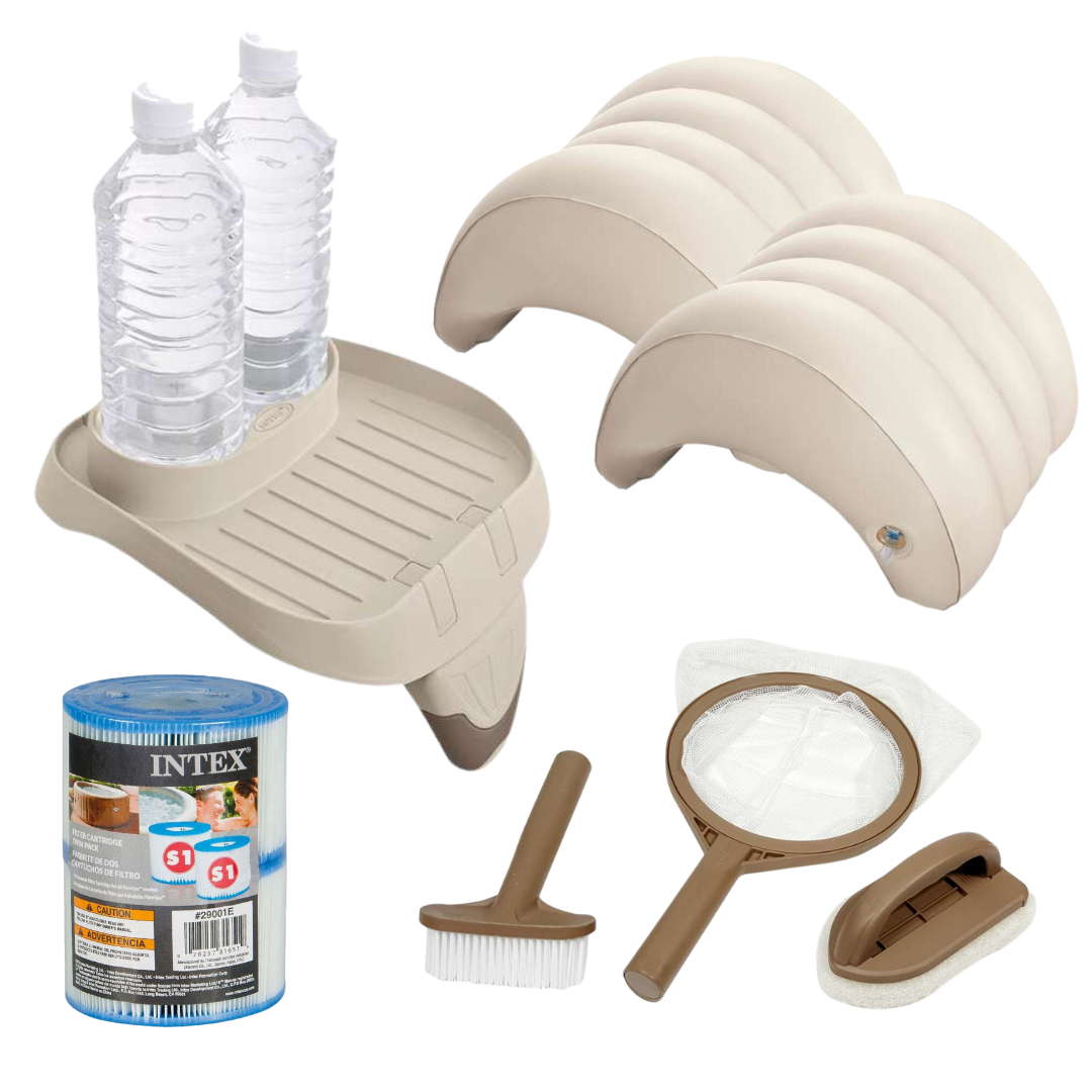 Deluxe Zubehör-Set für Intex PureSpa Whirlpools: Reinigungsset, 2x Kopfstütze, Ablage-Tablett, 2 Filter