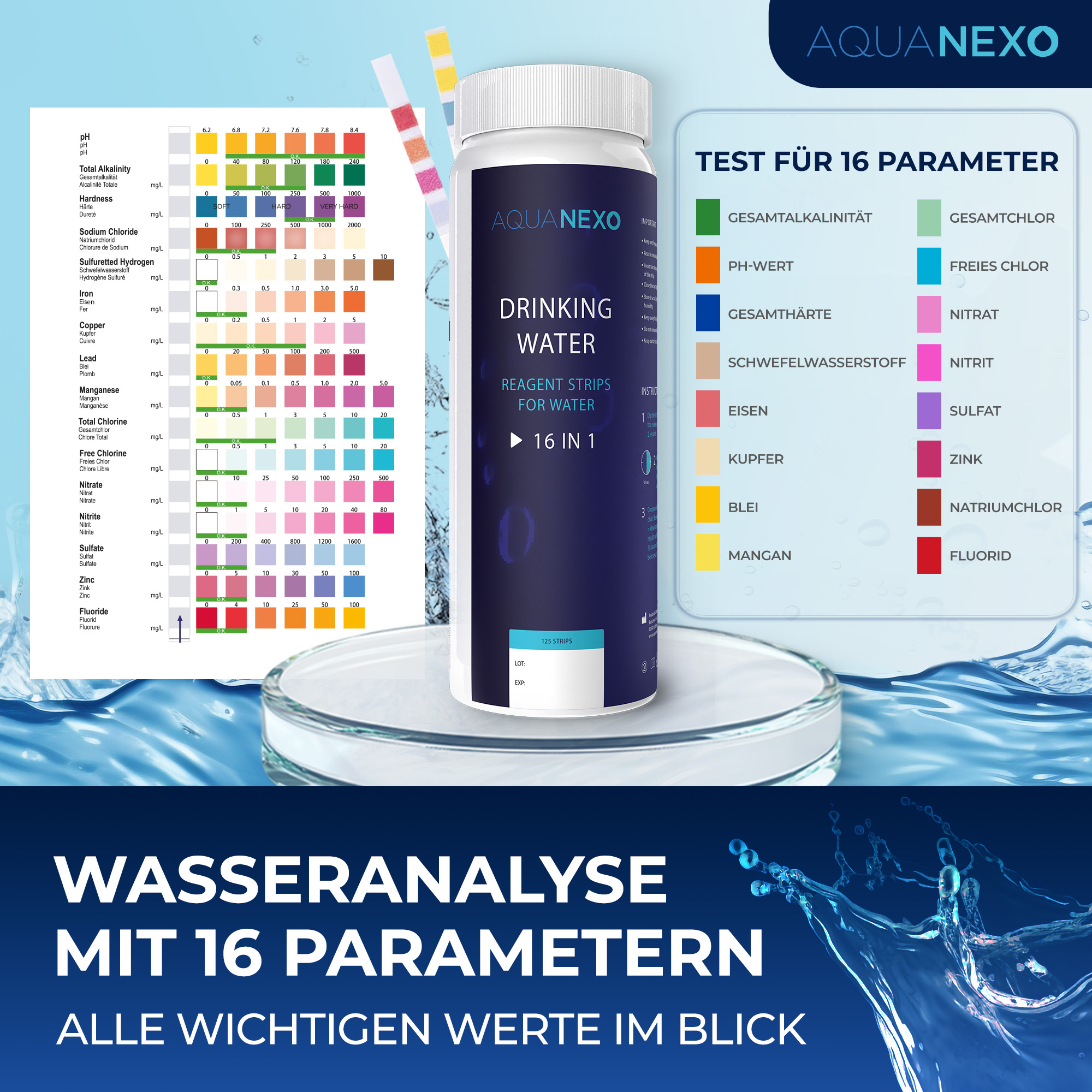 125 Wassertester Trinkwasser Teststreifen 16-in-1 Trinkwassertest pH Wasserhärte