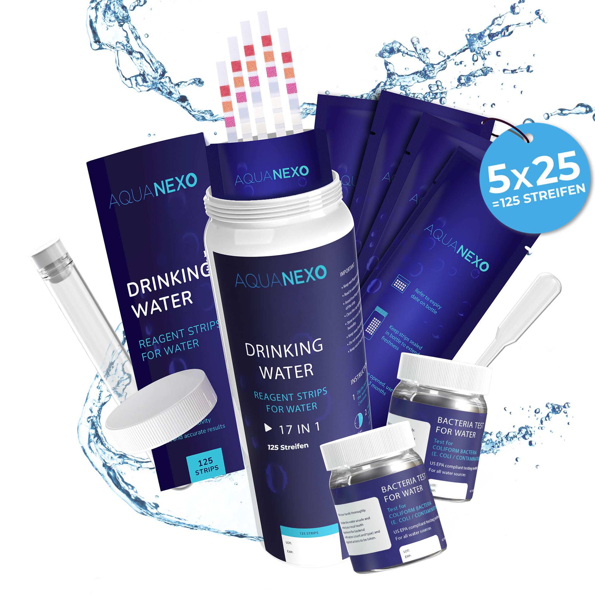 125 Wassertester Trinkwasser Teststreifen 17-in-1 + 2 Bakterientests + Pipette + Reagenzglas