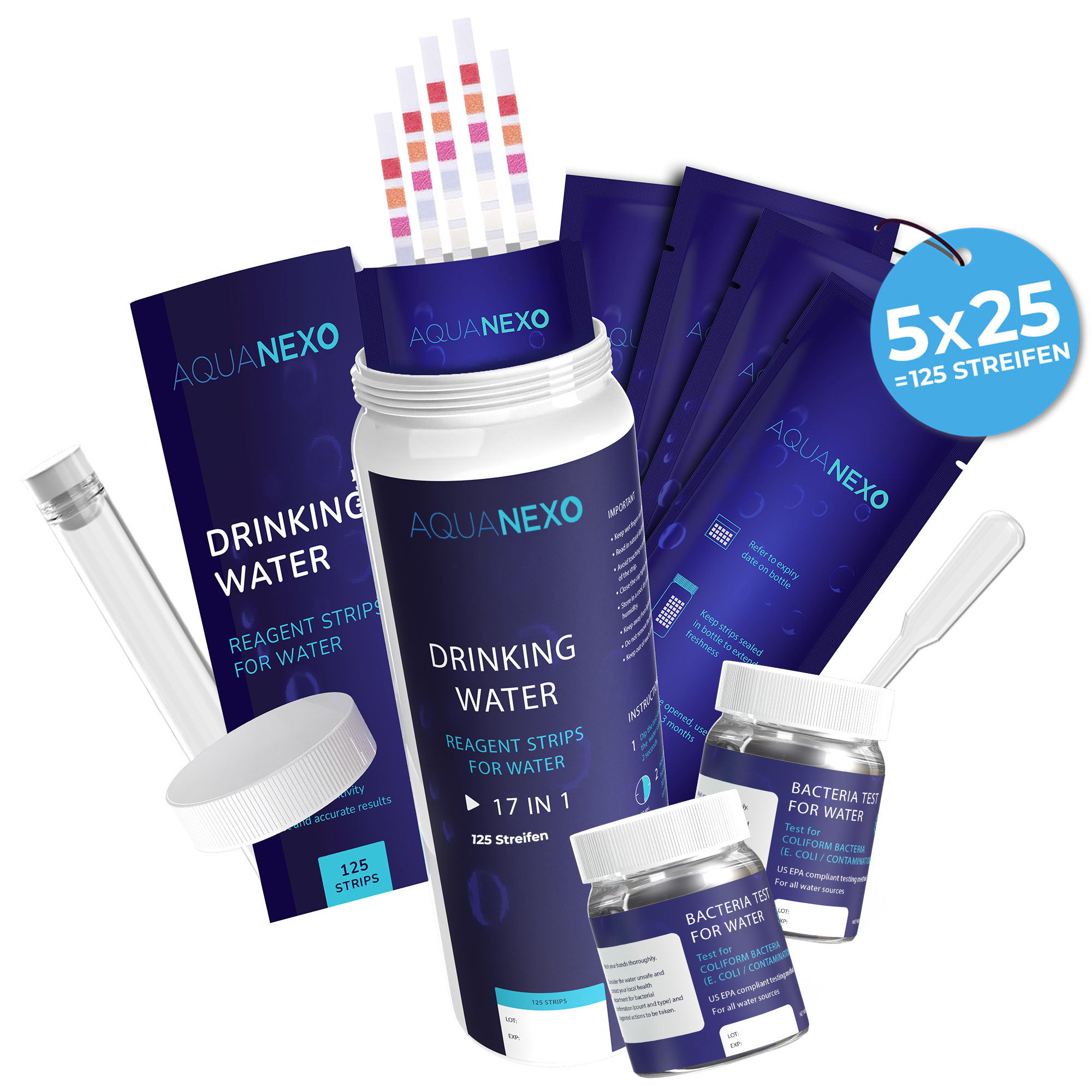 125 Wassertester Trinkwasser Teststreifen 17-in-1 + 2 Bakterientests + Pipette + Reagenzglas